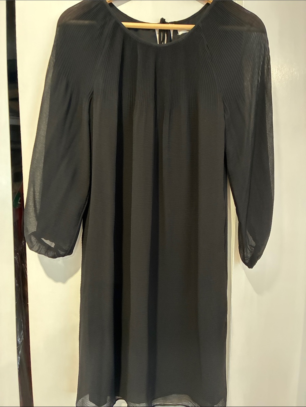 Classic Black Long-Sleeve Sheer Shift Dress with Micro Pleating Detail